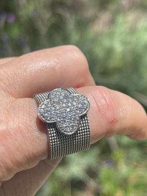 Beautiful Extra Wide Mesh Quatrefoil Ring Sterling Silver 925 N Designer CZ 8.5-8.75
