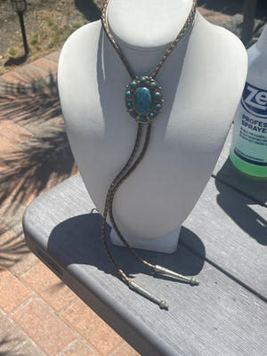 Vintage Nickel Silver Faux Turquoise Southwestern 2 piece bolo tie and pendant necklace with chain lot Bell Trading Company