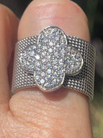 Beautiful Extra Wide Mesh Quatrefoil Ring Sterling Silver 925 N Designer CZ 8.5-8.75