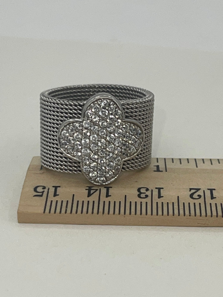 Beautiful Extra Wide Mesh Quatrefoil Ring Sterling Silver 925 N Designer CZ 8.5-8.75