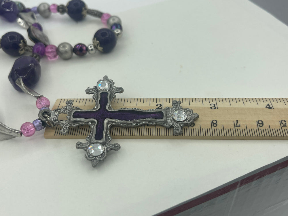 Big Unusual Statement Necklace Amethyst and Sugilite Gemstones Abalone Shell Cross Crucifix Rosary