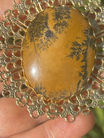 Beautiful Huge Denditric Agate Gemstone Brooch Gold Tone Filigree Large Brown and Black
