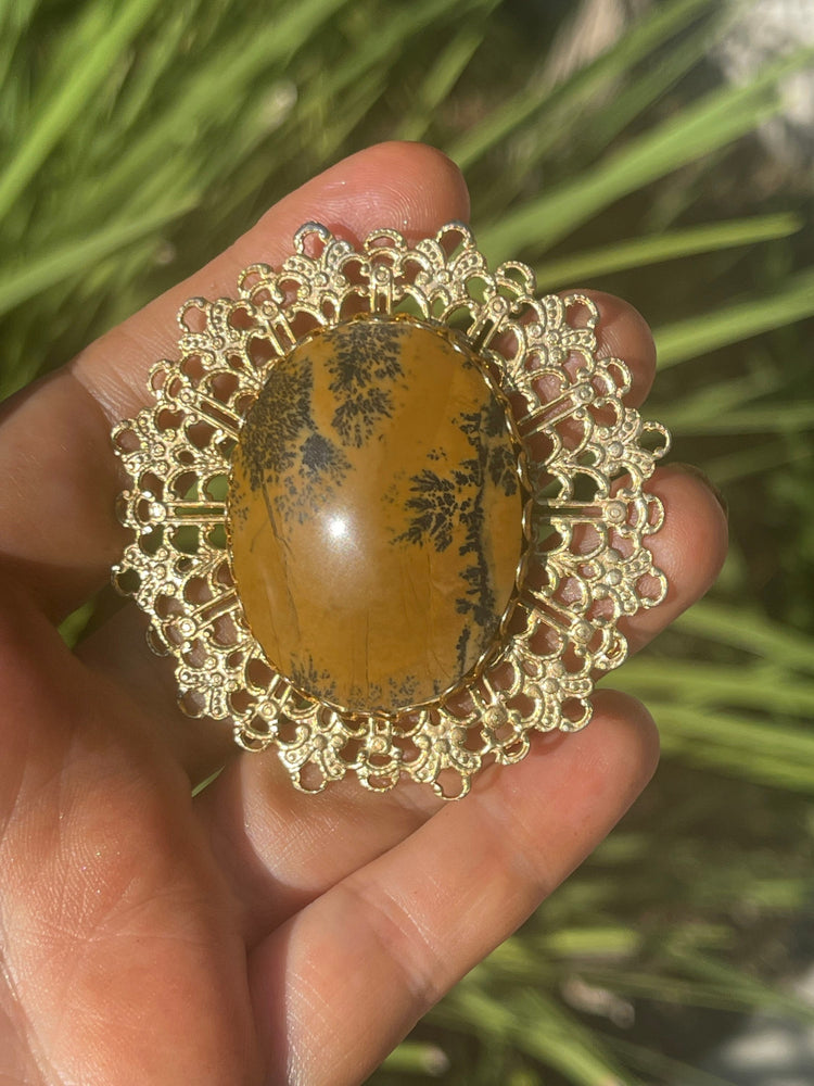 Beautiful Huge Denditric Agate Gemstone Brooch Gold Tone Filigree Large Brown and Black