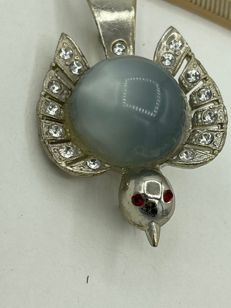 Antique Glass Moonstone Jelly Belly Peyote Bird Brooch Rhinestones