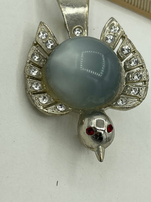 Antique Glass Moonstone Jelly Belly Peyote Bird Brooch Rhinestones