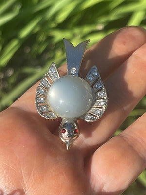 Antique Glass Moonstone Jelly Belly Peyote Bird Brooch Rhinestones