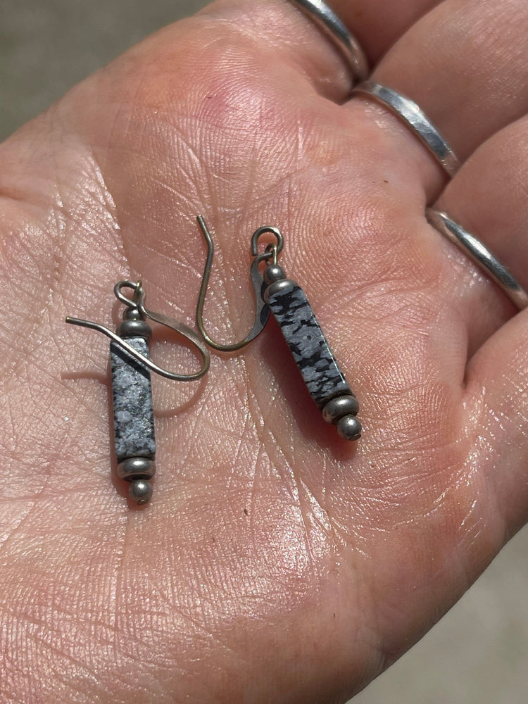 Beautiful Snowflake Obsidian Gemstone Earrings Dangles Sterling Silver 925  earring hooks and beads.
