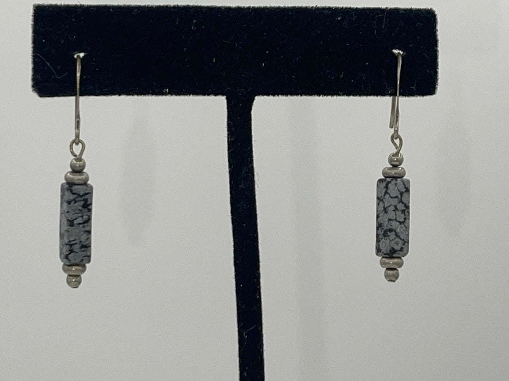 Beautiful Snowflake Obsidian Gemstone Earrings Dangles Sterling Silver 925  earring hooks and beads.