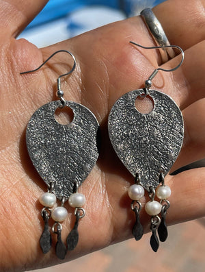 Vintage Gorgeous Solid Sterling Silver 925  Leaf Dangle Earrings Genuine Pearls and Tassels Big Artisan Designer