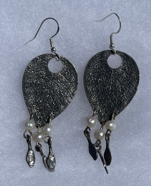 Vintage Gorgeous Solid Sterling Silver 925  Leaf Dangle Earrings Genuine Pearls and Tassels Big Artisan Designer