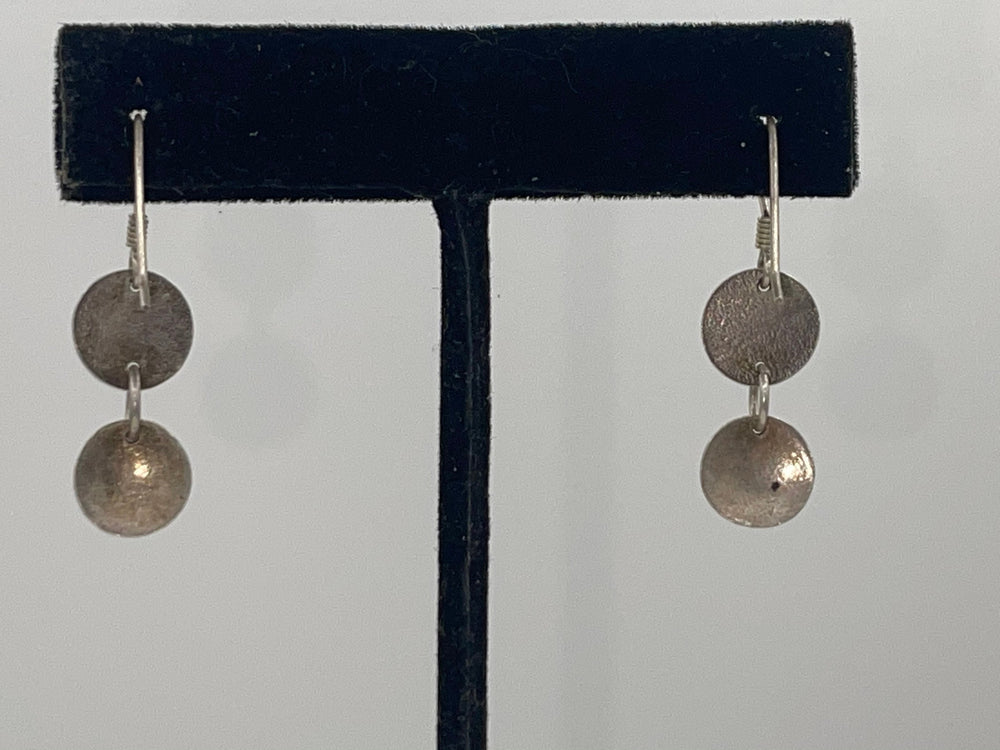 Vintage Sterling Silver 925 Small Lightweight Geometric Circular Dangle Earrings Pounded Modernist