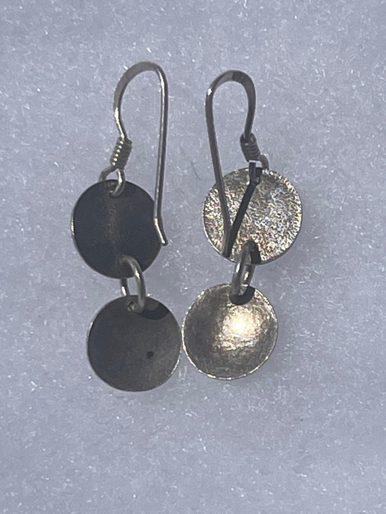 Vintage Sterling Silver 925 Small Lightweight Geometric Circular Dangle Earrings Pounded Modernist