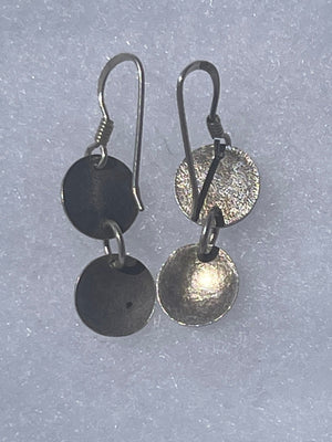 Vintage Sterling Silver 925 Small Lightweight Geometric Circular Dangle Earrings Pounded Modernist