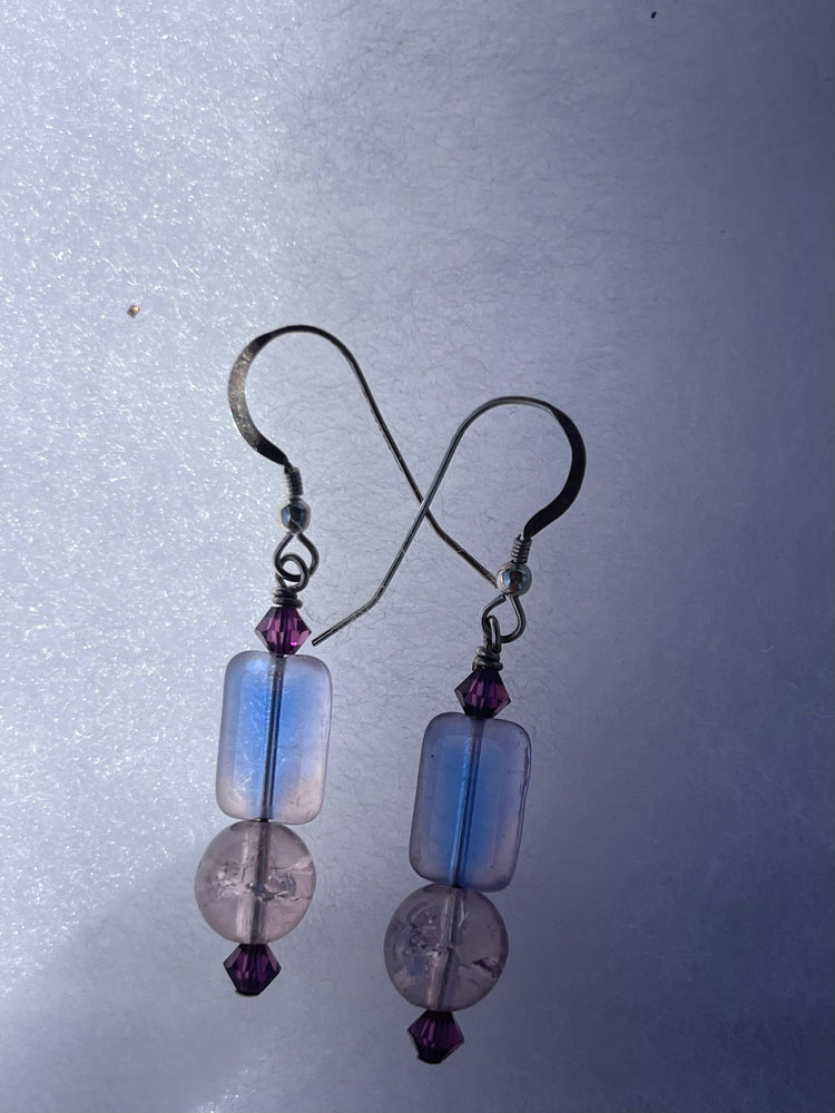 Vintage Art Glass Beaded Earrings Handblown Multi Tone Purple and Pink