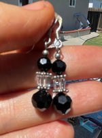 Vintage Beaded Black and Clear Crystal Dangle Earrings Sterling Silver 925