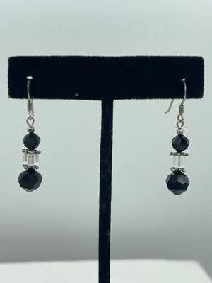 Vintage Beaded Black and Clear Crystal Dangle Earrings Sterling Silver 925