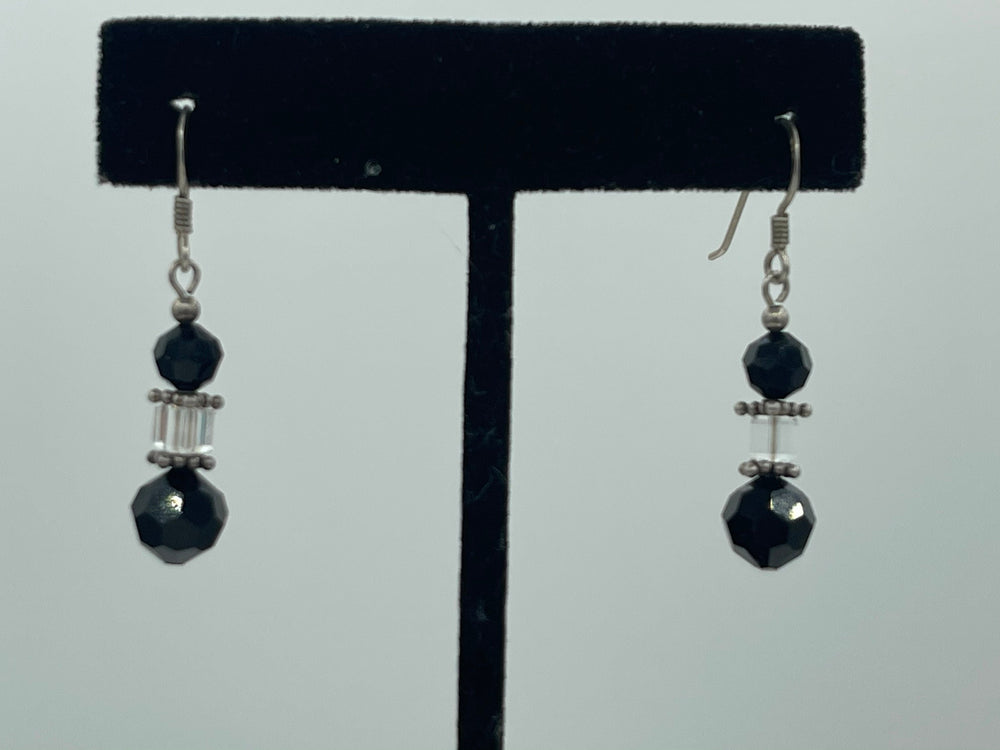 Vintage Beaded Black and Clear Crystal Dangle Earrings Sterling Silver 925