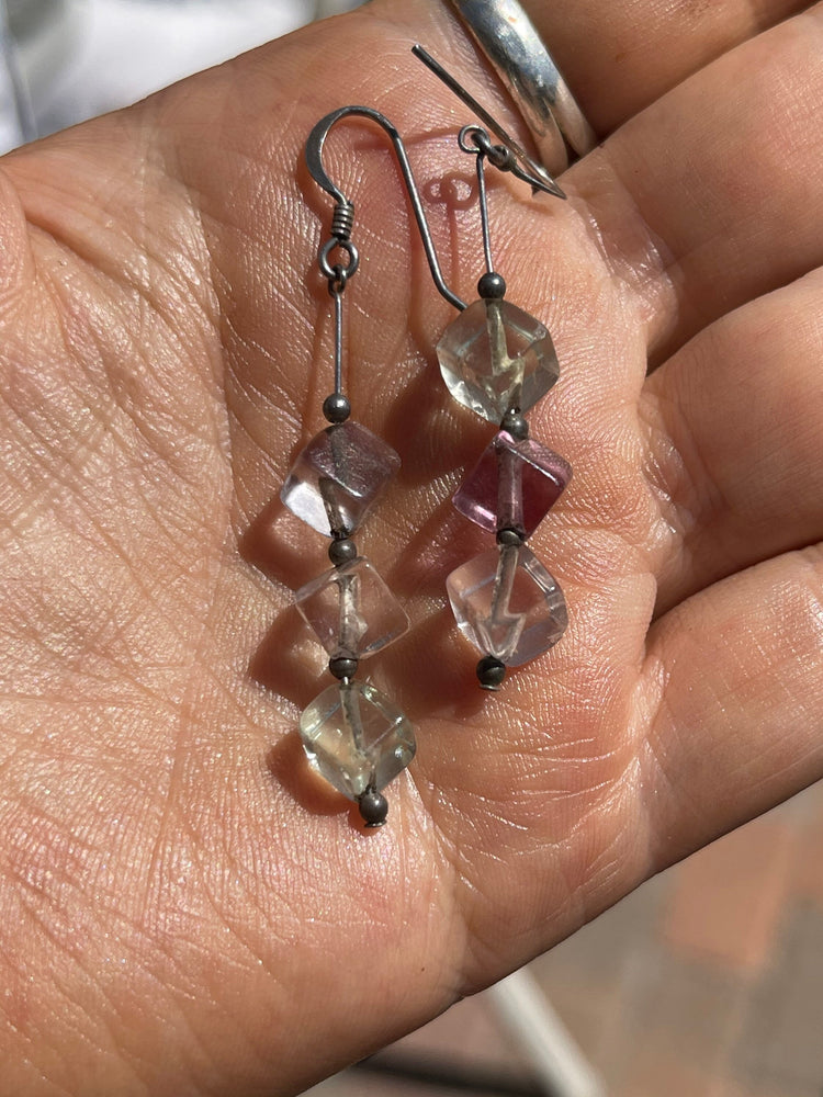 Vintage Amethyst Prasiolite Gemstone Beaded Earrings Sterling Silver 925 Square