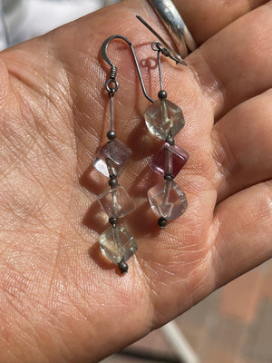 Vintage Amethyst Prasiolite Gemstone Beaded Earrings Sterling Silver 925 Square