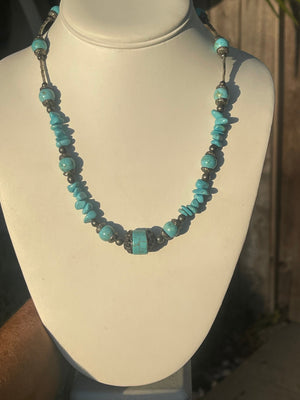 Beautiful Beaded Turquoise ornate Silver tone Beads Statement Necklace 22.75 Inches Long