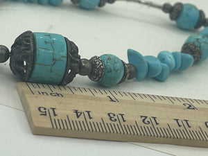 Beautiful Beaded Turquoise ornate Silver tone Beads Statement Necklace 22.75 Inches Long