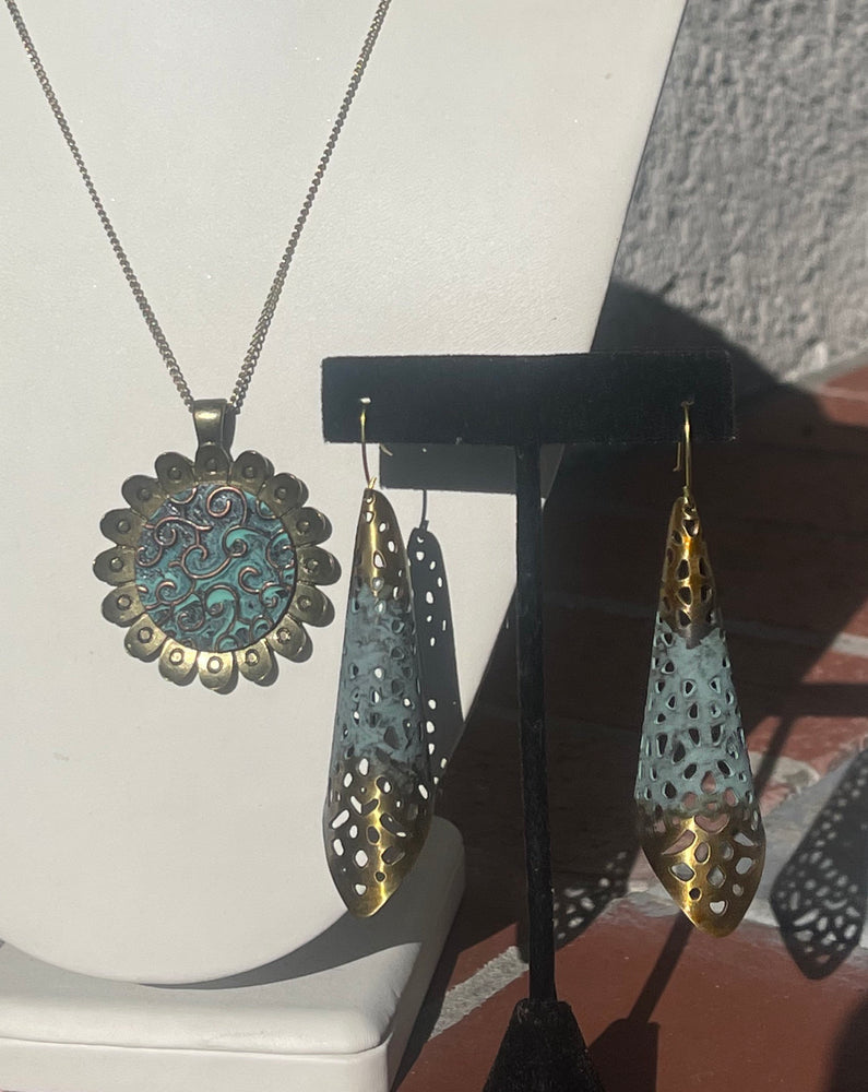 Big Vintage - Brass & Green Patina Boho Long Dangle Waffle Cone Earrings + Sunshine Pendant Set