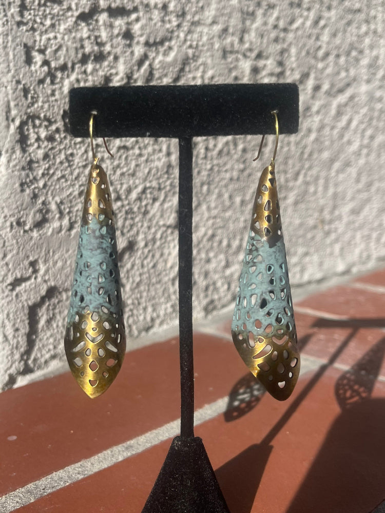 Big Vintage - Brass & Green Patina Boho Long Dangle Waffle Cone Earrings + Sunshine Pendant Set