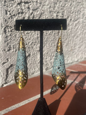 Big Vintage - Brass & Green Patina Boho Long Dangle Waffle Cone Earrings + Sunshine Pendant Set