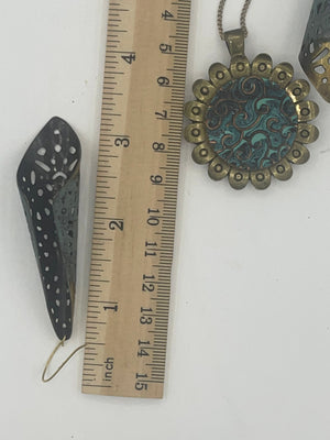 Big Vintage - Brass & Green Patina Boho Long Dangle Waffle Cone Earrings + Sunshine Pendant Set