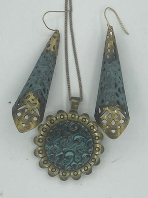 Big Vintage - Brass & Green Patina Boho Long Dangle Waffle Cone Earrings + Sunshine Pendant Set