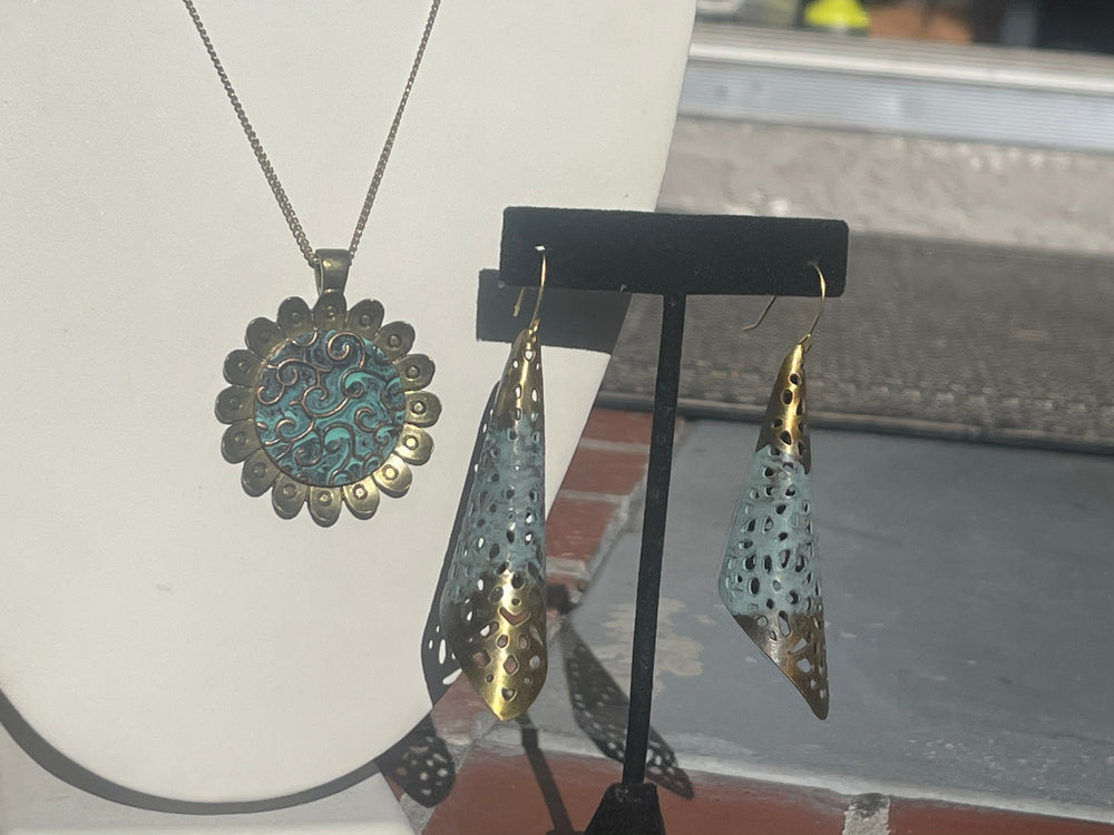 Big Vintage - Brass & Green Patina Boho Long Dangle Waffle Cone Earrings + Sunshine Pendant Set