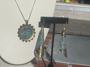 Big Vintage - Brass & Green Patina Boho Long Dangle Waffle Cone Earrings + Sunshine Pendant Set