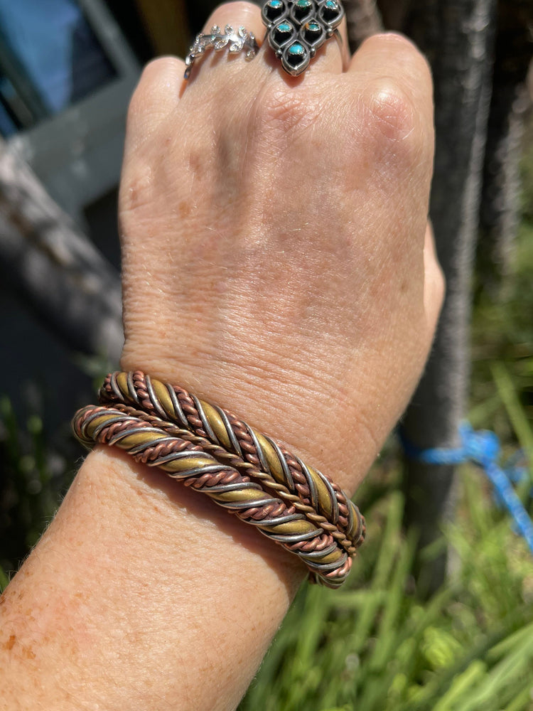 Vintage Mid Century Modern Twisted Double Rope Cuff Bracelet Tri Color Sterling Silver 925 Southwestern Heavy 90 Grams!! Small Wrist