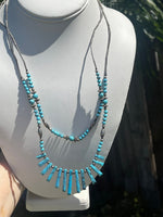 Vintage Two Strand Graduated Rectangular Turquoise and Silver Beads 21.25 Inches Southwestern- Native American- Sterling Silver Hook Clasp
