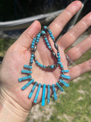 Vintage Two Strand Graduated Rectangular Turquoise and Silver Beads 21.25 Inches Southwestern- Native American- Sterling Silver Hook Clasp