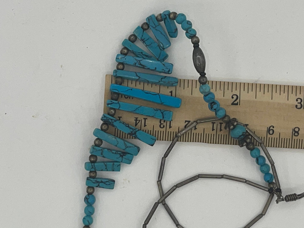 Vintage Two Strand Graduated Rectangular Turquoise and Silver Beads 21.25 Inches Southwestern- Native American- Sterling Silver Hook Clasp
