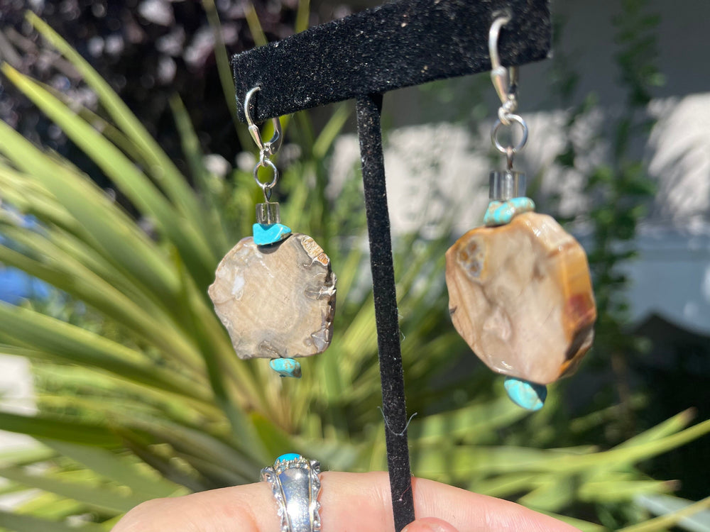 Vintage Petrified Wood & Turquoise Gemstone Earrings Big Fossilized Wood Statement Jewelry Sterling Silver 925 Latch Back Heavy