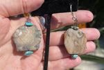 Vintage Petrified Wood & Turquoise Gemstone Earrings Big Fossilized Wood Statement Jewelry Sterling Silver 925 Latch Back Heavy