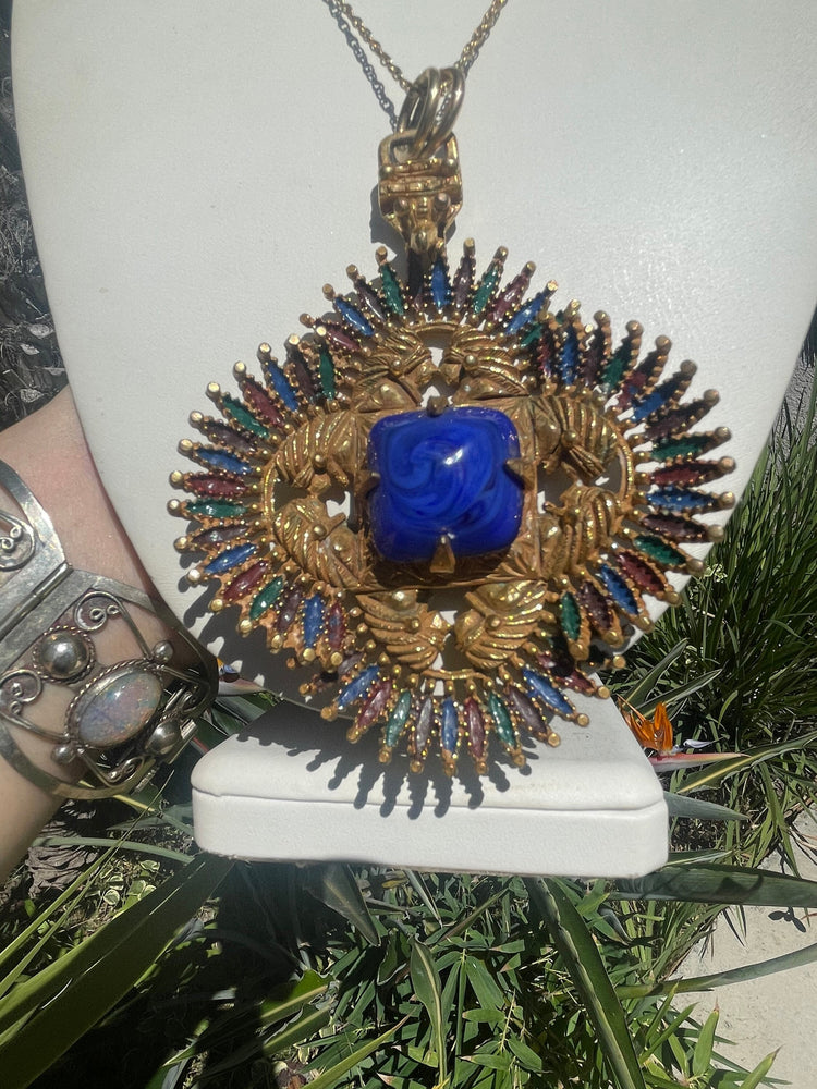 Vintage Castlecliff Designer Larry VRBA Huge Aztec  - Indian Pendant Gold Tone Rare Art Glass Centerpiece Necklace w 12kt gf Chain Couture