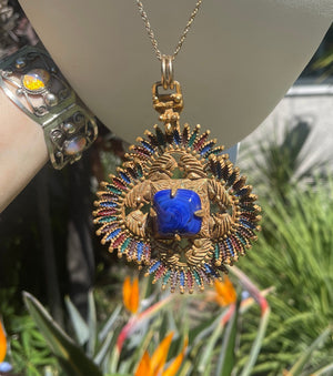 Vintage Castlecliff Designer Larry VRBA Huge Aztec  - Indian Pendant Gold Tone Rare Art Glass Centerpiece Necklace w 12kt gf Chain Couture