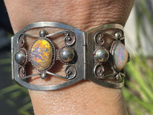 Antique Taxco Mexico Sterling Silver 925  Link Cuff Panel Bracelet Art - Foil Glass Dragons Breath Vintage Wide Bangle