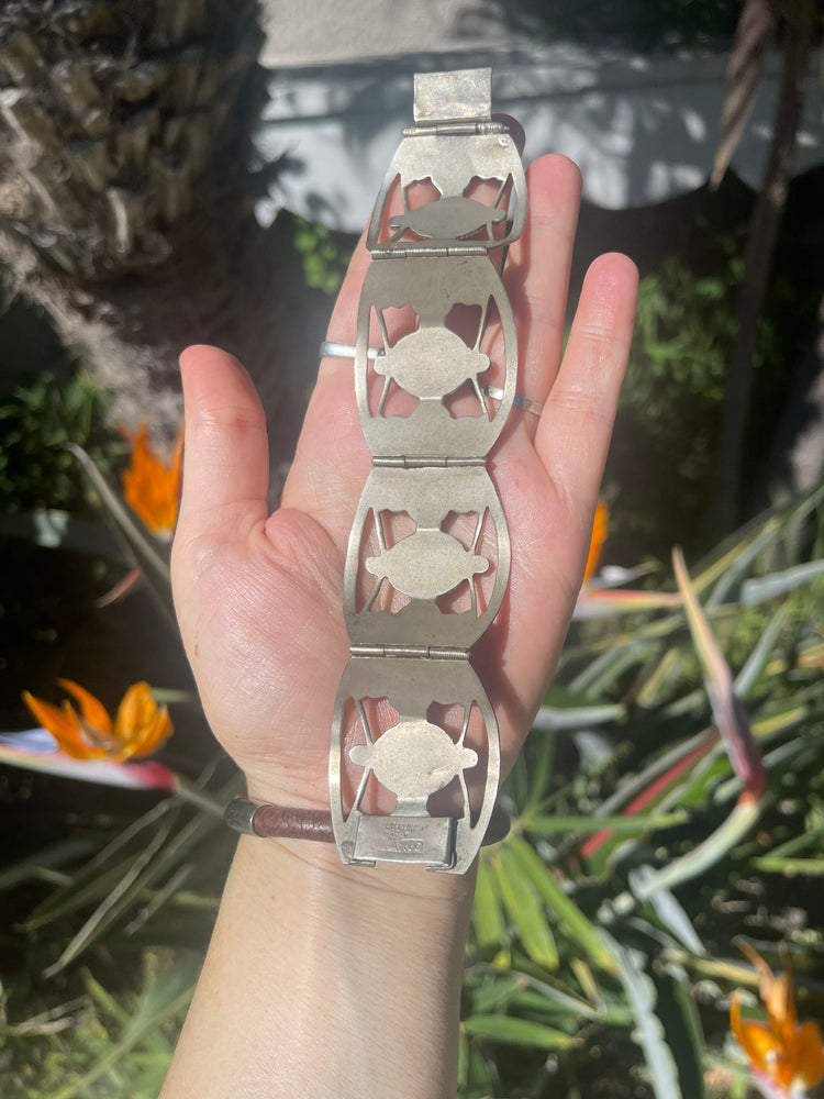 Antique Taxco Mexico Sterling Silver 925  Link Cuff Panel Bracelet Art - Foil Glass Dragons Breath Vintage Wide Bangle