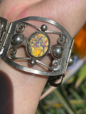 Antique Taxco Mexico Sterling Silver 925  Link Cuff Panel Bracelet Art - Foil Glass Dragons Breath Vintage Wide Bangle