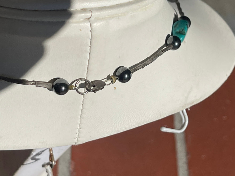 Vintage Turquoise Nugget Hematite Beaded Long Necklace 26.5 Inches Liquid Silver