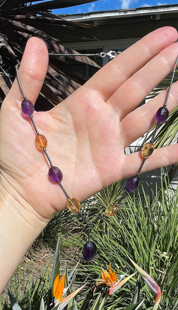 Beautiful Vintage Purple Amethyst & Yellow Citrine Faceted Large Beads + Liquid Silver Sterling 925 Beaded Necklace y Shape 16.5 inches