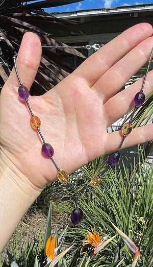 Beautiful Vintage Purple Amethyst & Yellow Citrine Faceted Large Beads + Liquid Silver Sterling 925 Beaded Necklace y Shape 16.5 inches