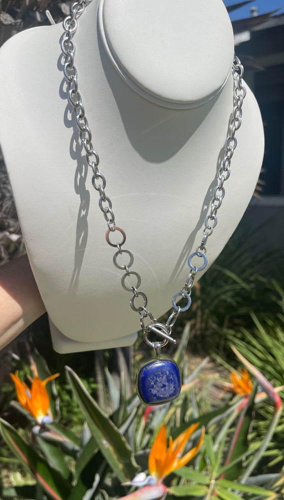 Beautiful Lapis Lazuli Gemstone Pendant on Stainless Steel Toggle Chain 21.25 Inches Bulky