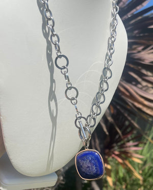 Beautiful Lapis Lazuli Gemstone Pendant on Stainless Steel Toggle Chain 21.25 Inches Bulky