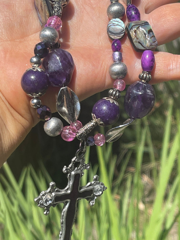 Big Unusual Statement Necklace Amethyst and Sugilite Gemstones Abalone Shell Cross Crucifix Rosary