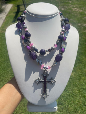 Big Unusual Statement Necklace Amethyst and Sugilite Gemstones Abalone Shell Cross Crucifix Rosary